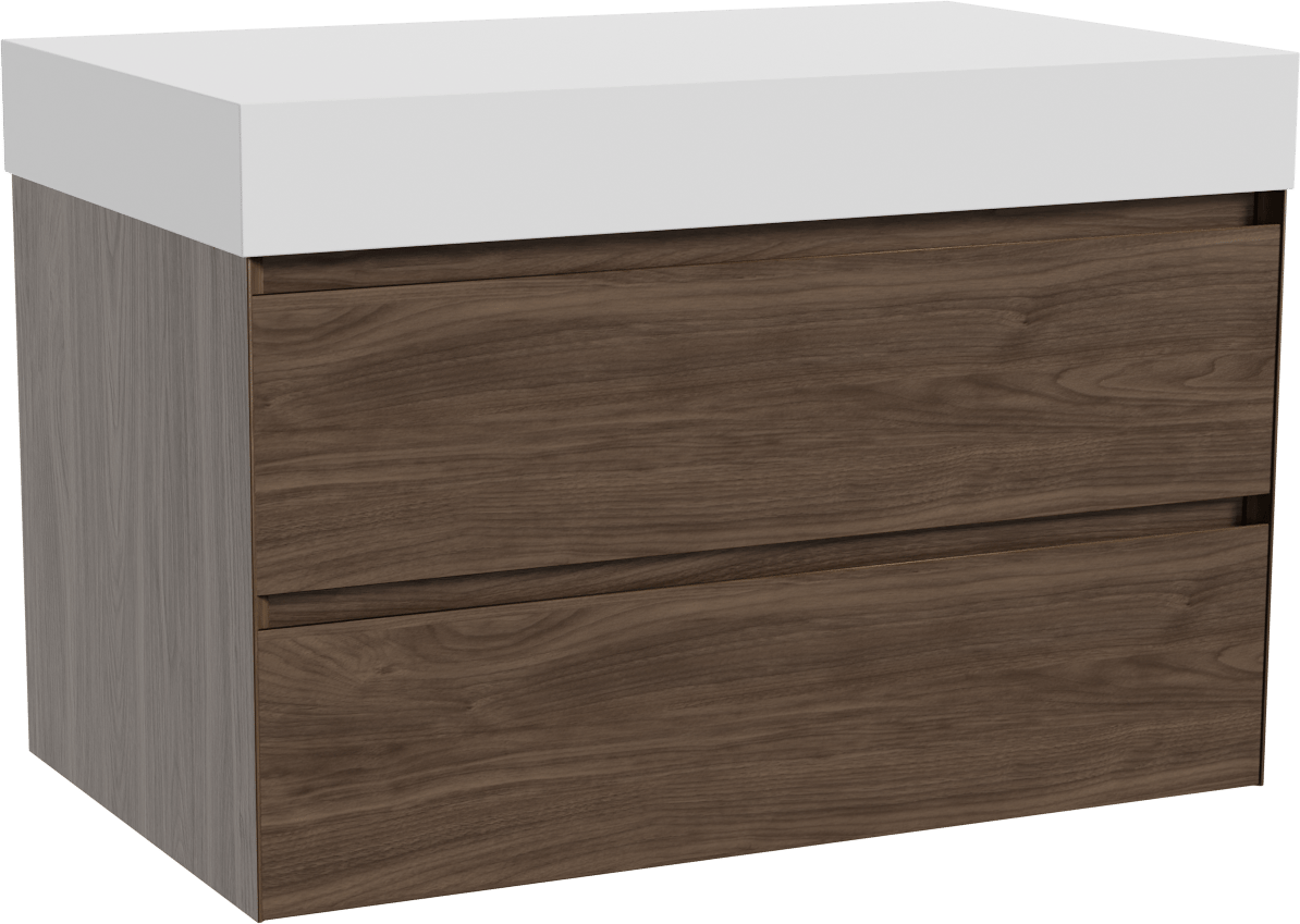 Balmani Mitra hängendes Möbelstück Set: 90 x 55 cm, Amerikanischer Nussbaum, mit Dominus Einzel Waschtischplatte, Solid Surface Weiß matt
