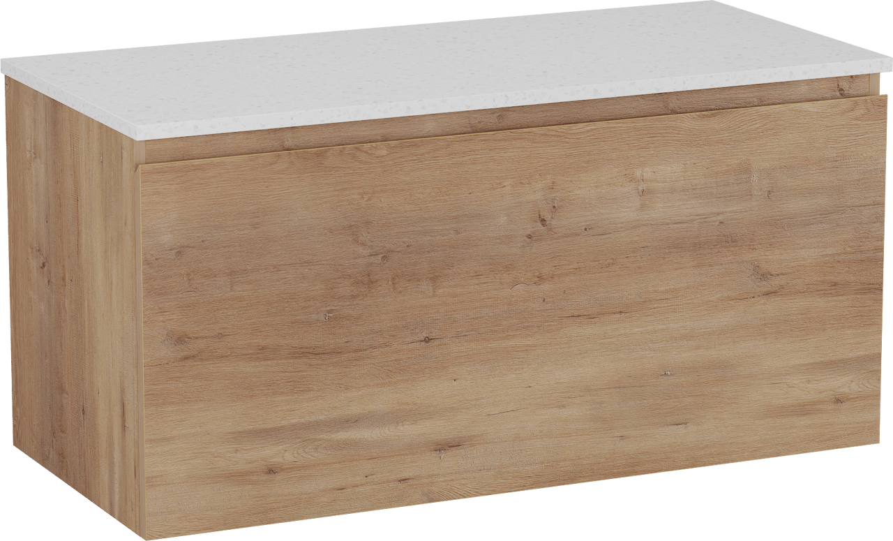 Linie Lado meuble salle de bains suspendu 100 x 46 cm chêne naturel avec Lado tablette simple ou double en mélaminé terrazzo blanc