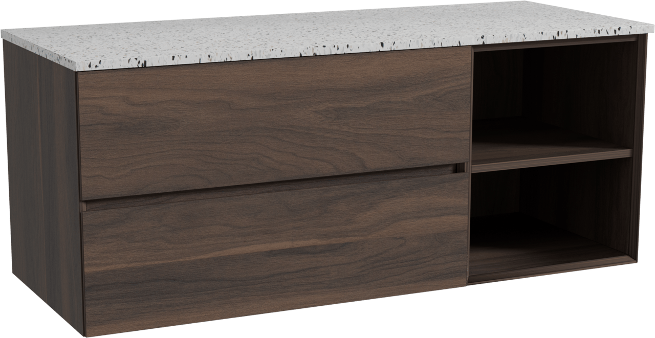 Storke Edge zwevend badkamermeubel 130 x 52 cm notelaar met Tavola enkel of dubbel tablet in mat wit/zwart terrazzo
