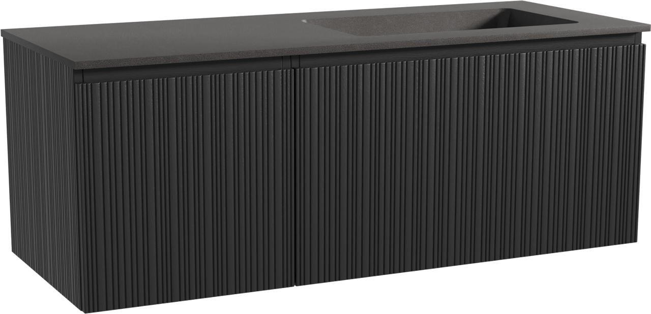 Storke Ribs zwevend badmeubel 130 x 52 cm zwart eiken met Scuro asymmetrisch rechtse wastafel in kwarts mat zwart, Verticale asymmetrische rechte ribbel