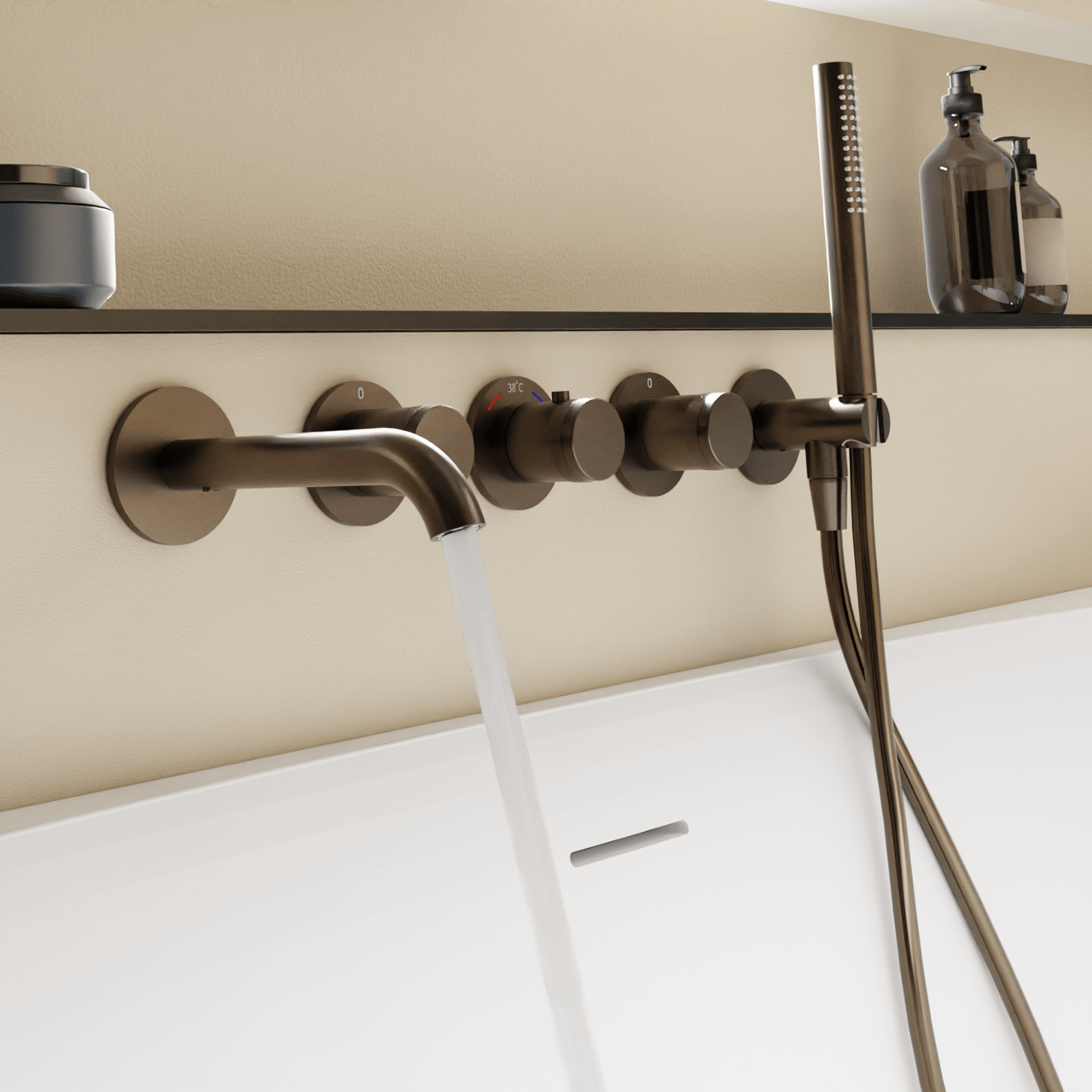 BLAUFOSS Pavilion Inbouw badkraan thermostatisch Brushed GunMetal Incl. handdoucheset incl. inbouwelement