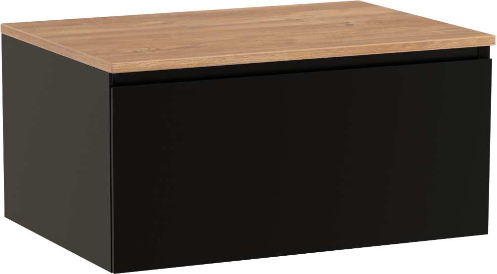 Storke Edge hängendes Möbelstück Set: 75 x 52 cm, Schwarz matt, mit Panton Einzel Waschtischplatte, Melamin Rohe Eiche