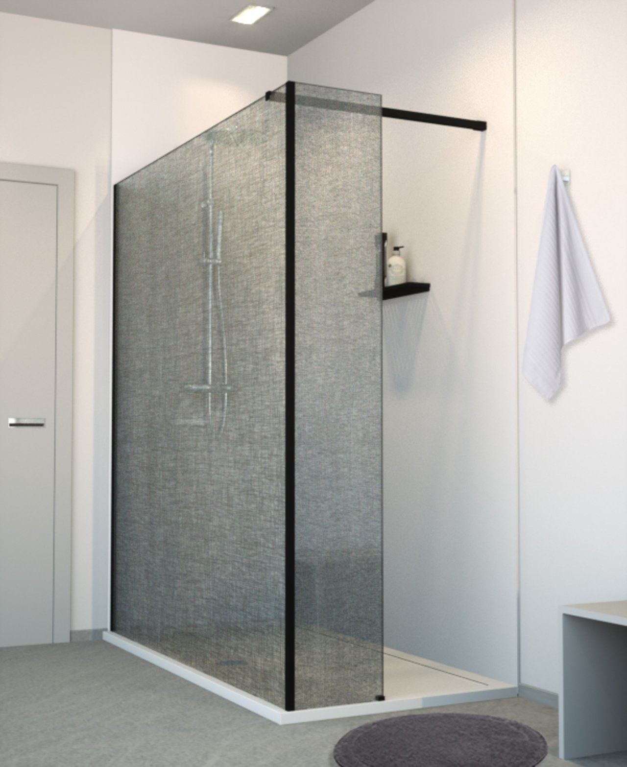 Balmani Modular Walk-In-Dusche mit fester Seitenwand 180 x 200 cm, Leinen schwarz Glas , Profil schwarz matt