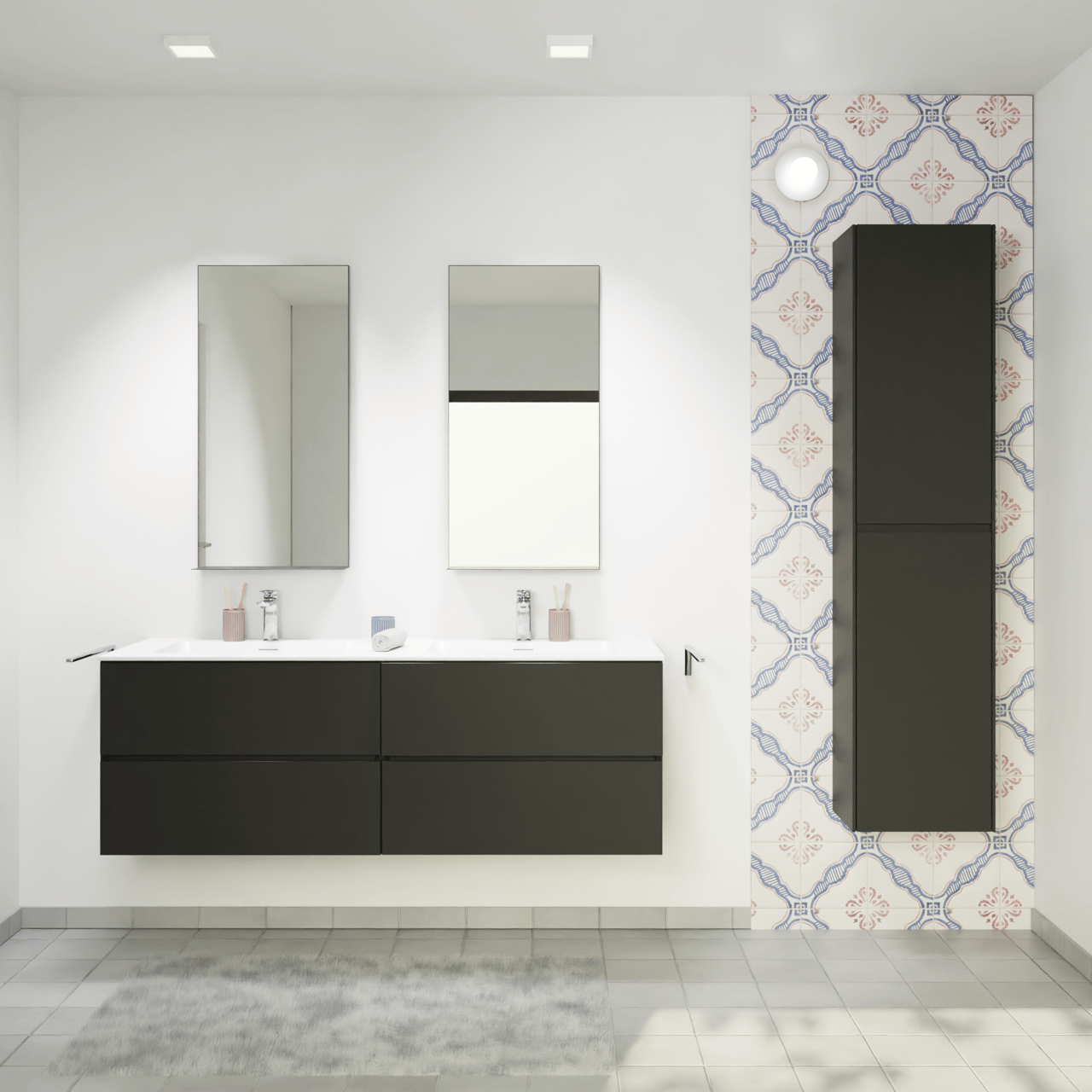 Storke Edge zwevend badkamermeubel 150 x 52 cm mat zwart met Mata dubbele wastafel in solid surface mat wit