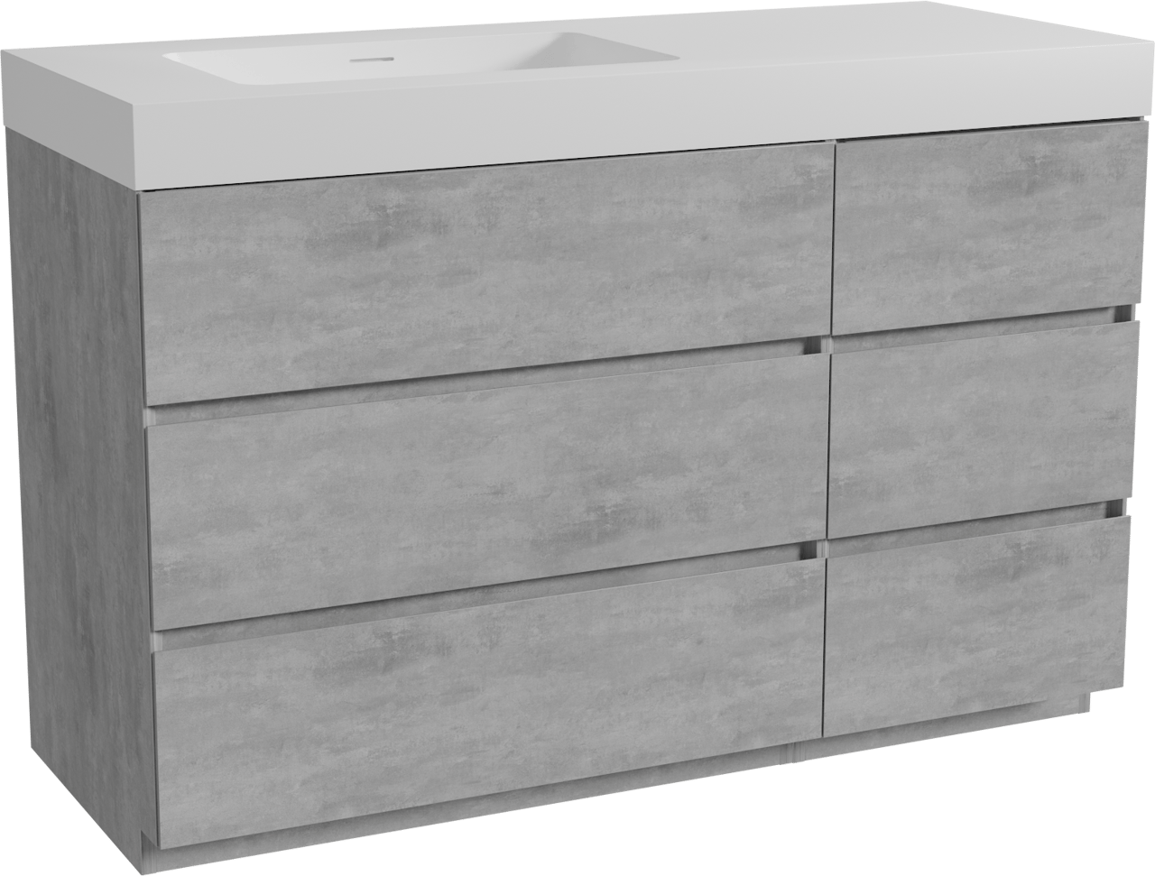 Storke Edge freistehendes Möbelstück Set: 130 x 52 cm, Beton dunkelgrau, mit Mata High Waschtisch links, Solid Surface Weiß matt