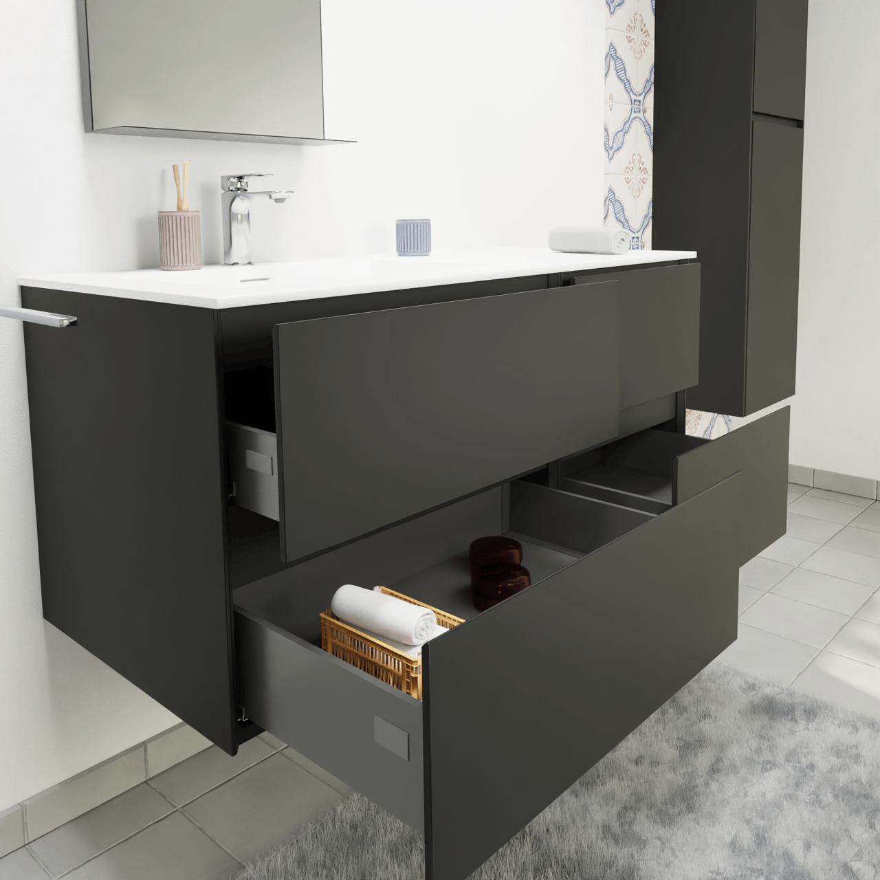 Storke Edge zwevend badmeubel 110 x 52 cm mat zwart met Mata asymmetrisch linkse wastafel in solid surface mat wit