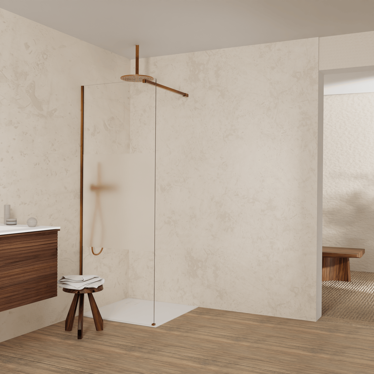 Balmani Modular inloopdouche: 80 x 200 cm, Helder glas met matte strook met coating, Brushed Rosegold profielen