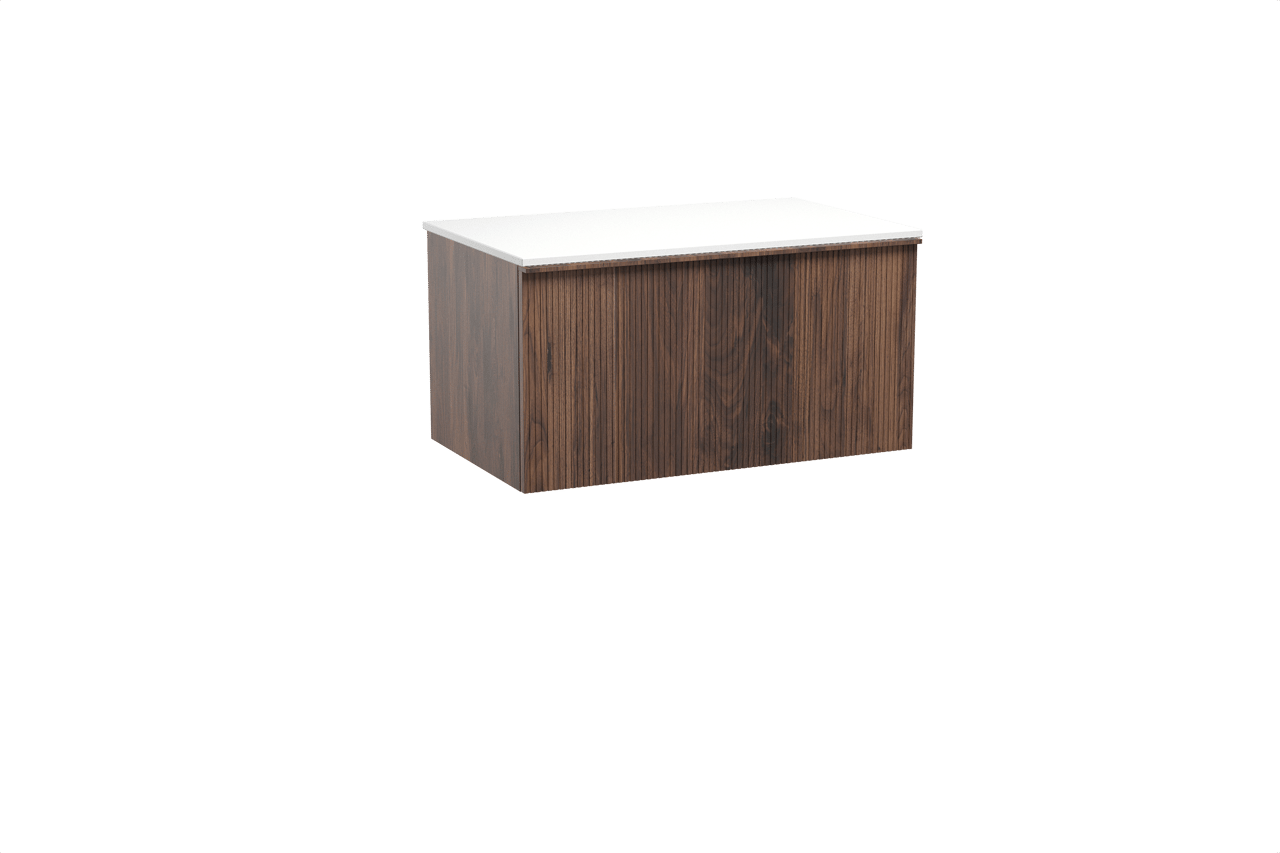 Balmani Forma meuble salle de bains suspendu 90 x 55 cm noyer américain avec Stretto tablette simple en solid surface blanc mat, Nervure droite symétrique verticale