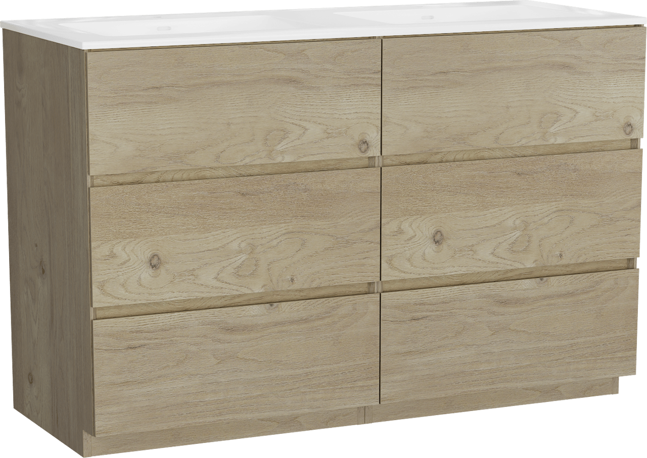Storke Edge meuble salle de bains à poser 130 x 52 cm chêne brut avec Bilia double vasque en marbre composite blanc brillant