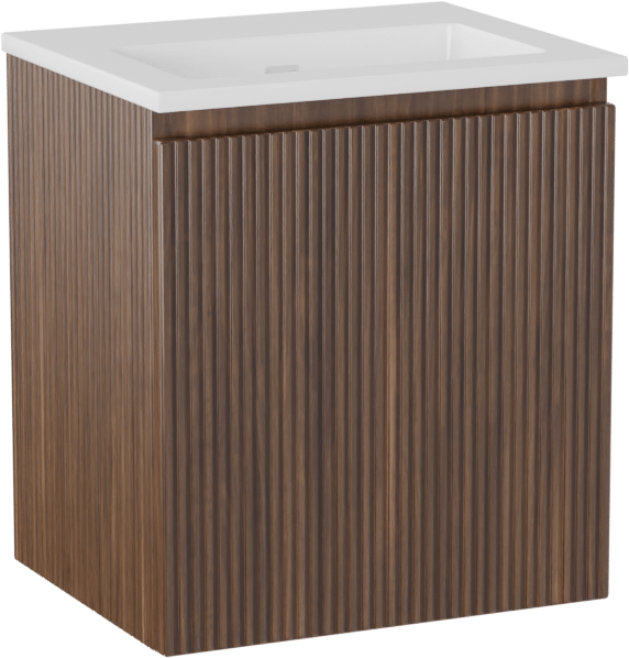 Storke Ribs zwevend badmeubel 45 x 35 cm notenhout met Diva enkele wastafel in composietmarmer hoogglans wit, Verticale symmetrische rechte ribbel