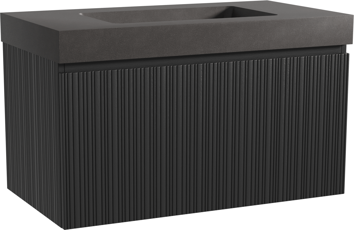 Storke Ribs zwevend badkamermeubel 95 x 52 cm zwarte eik met Scuro High enkele wastafel in kwarts mat zwart, Verticale asymmetrische rechte ribbel