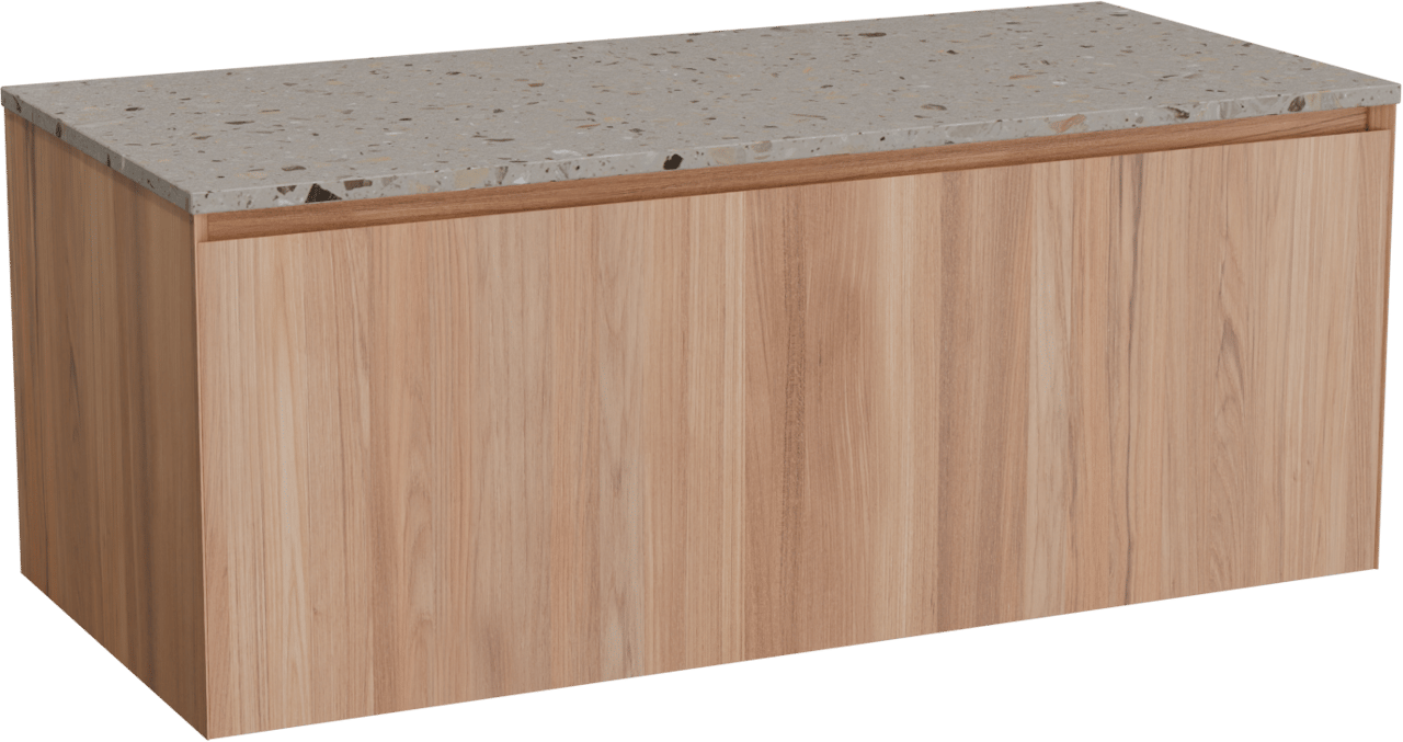 Balmani Idra by Mitra hängendes Möbelstück Set: 120 x 55 cm, Teak, mit Stretto Einzel- oder Doppel Waschtischplatte, Terrazzo in Greige