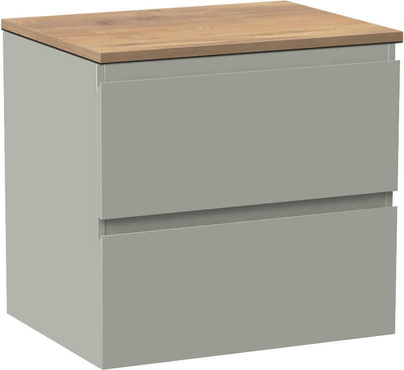 Linie Lado zwevend badmeubel 60 x 46 cm greige met Lado enkel wastafelblad in melamine naturel eiken
