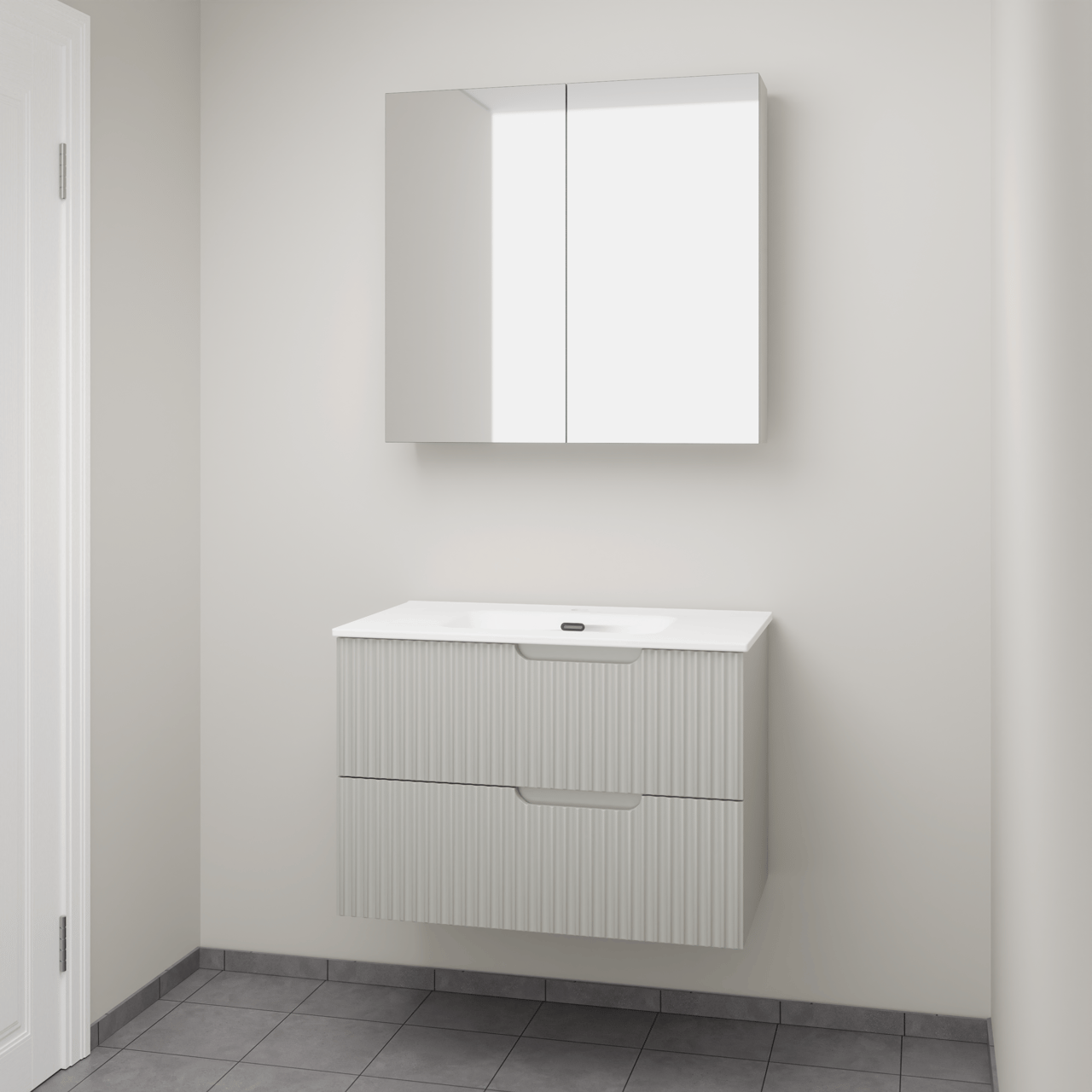Linie Ribbo zwevend badkamermeubel 80 x 46 cm greige met Baro enkele wastafel in porselein glanzend wit, Verticale symmetrische ronde ribbel en Montro spiegelkast