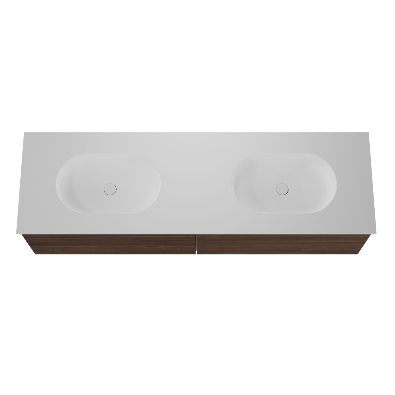 Balmani Forma zwevend badmeubel 180 x 55 cm amerikaans notenhout met Tablo Oval dubbele wastafel in solid surface mat wit, Horizontale symmetrische rechte ribbel