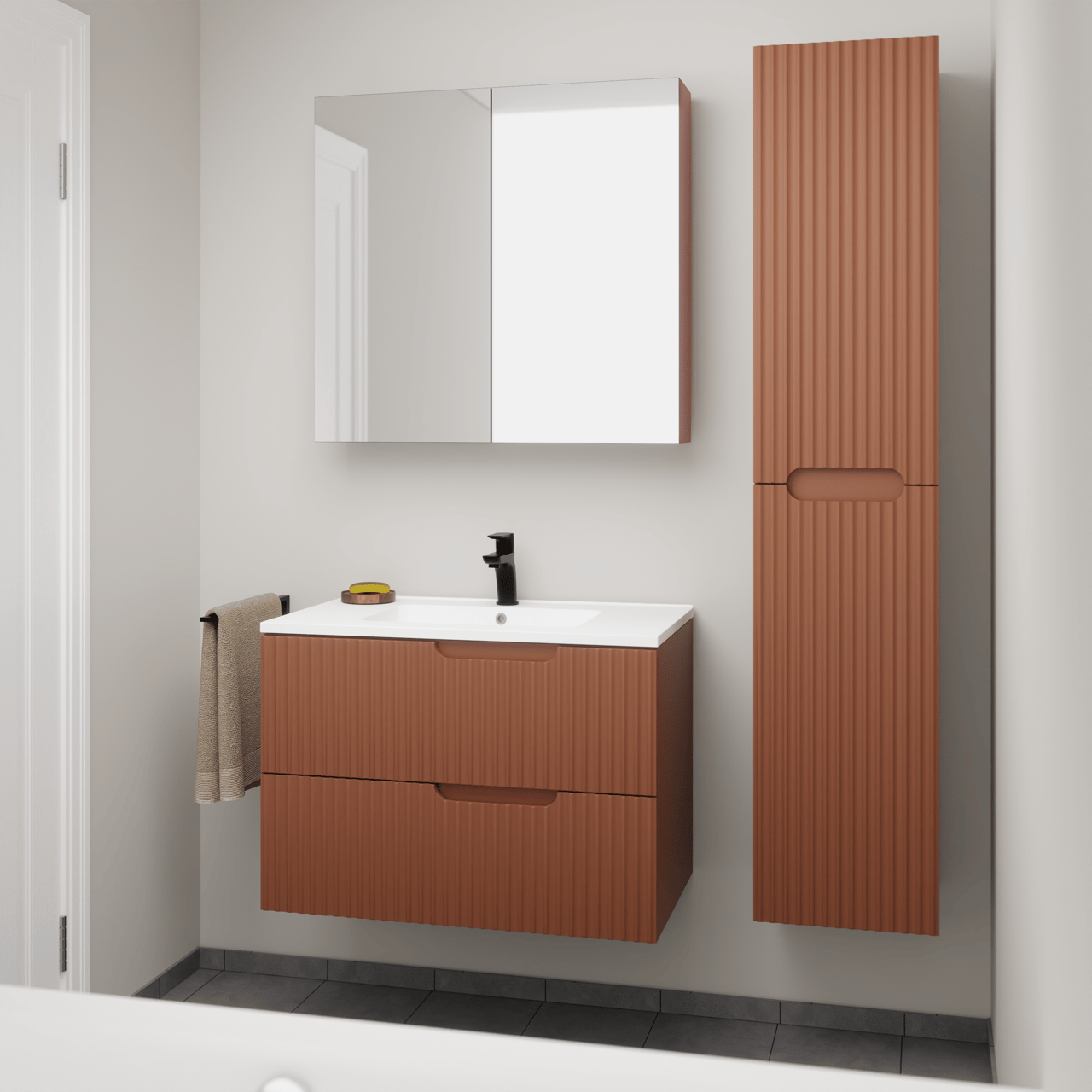 Linie Ribbo zwevend badmeubel 80 x 46 cm cotto met Vano enkele wastafel in composietmarmer mat wit, Verticale symmetrische ronde ribbel, Montro spiegelkast en Ribbo kolomkast