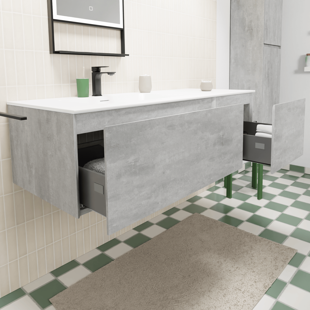 Storke Edge zwevend badmeubel 130 x 52 cm beton donkergrijs met Mata asymmetrisch linkse wastafel in solid surface mat wit