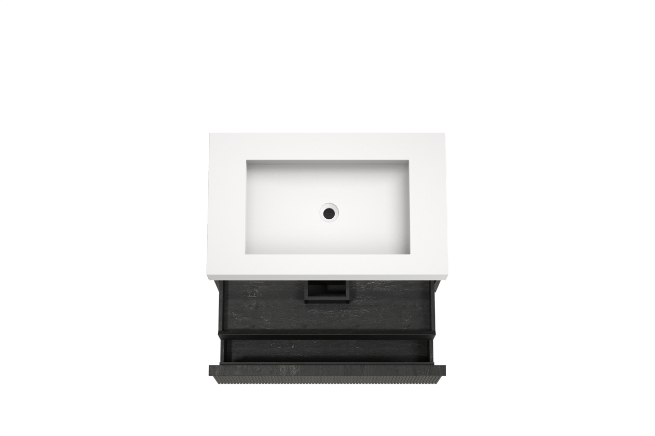Balmani Forma zwevend badmeubel 90 x 55 cm zwart eiken met Modus enkele wastafel in solid surface mat wit, Verticale symmetrische rechte ribbel