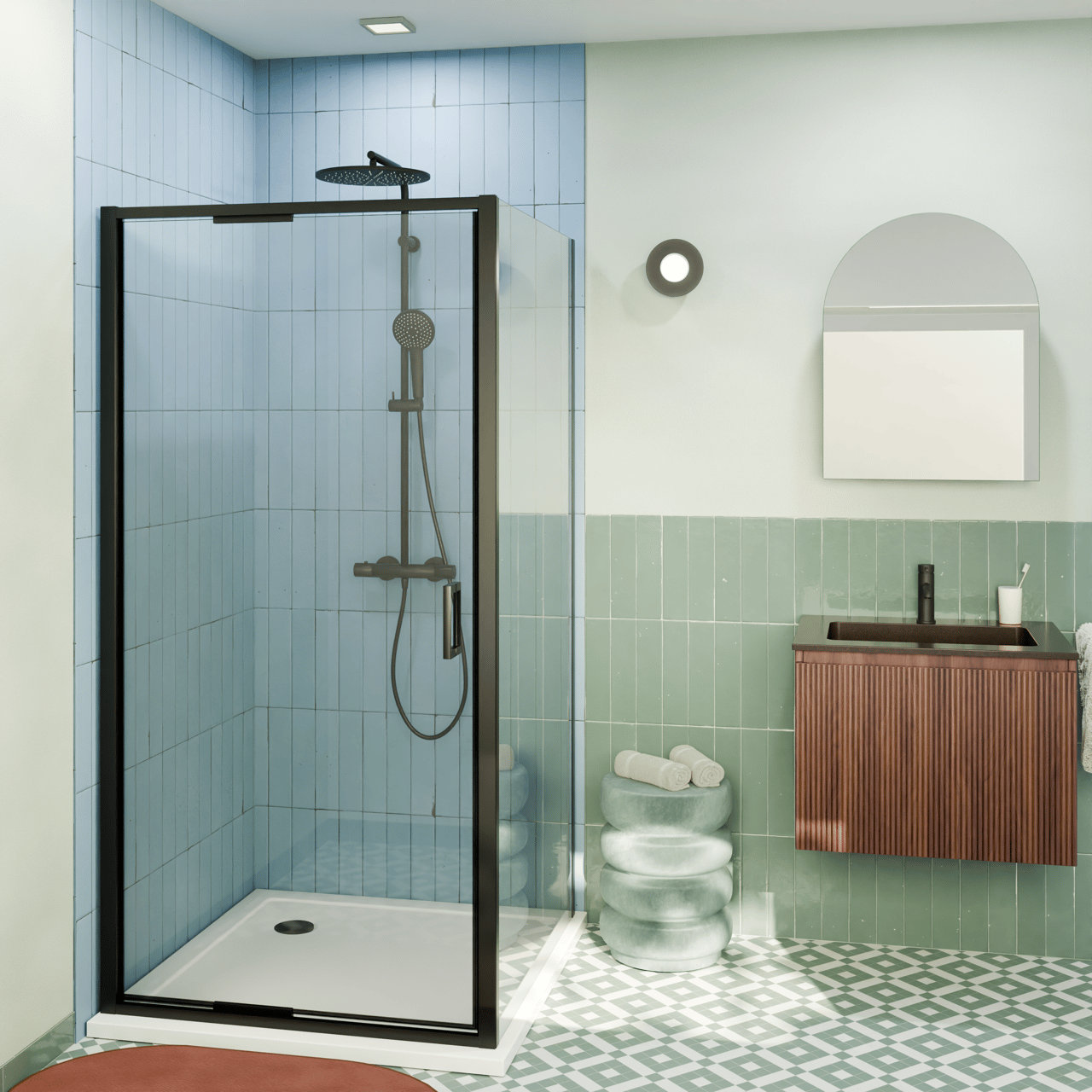 Luca Varess Vidor In douchehoek met draaideur en vaste zijwand 100 x 90 cm helder glas mat zwart profiel
