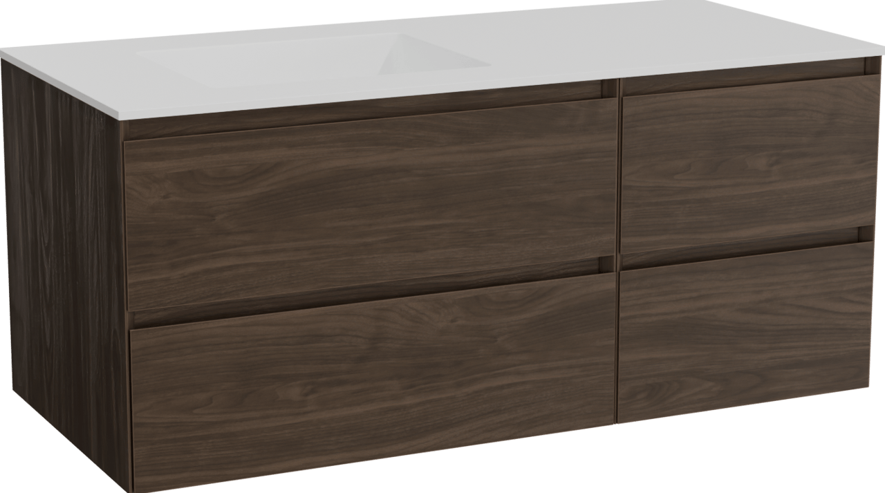 Balmani Mitra hängendes Möbelstück Set: 120 x 55 cm, Amerikanischer Nussbaum, mit Tablo Stretto Waschtisch links, Solid Surface Weiß matt
