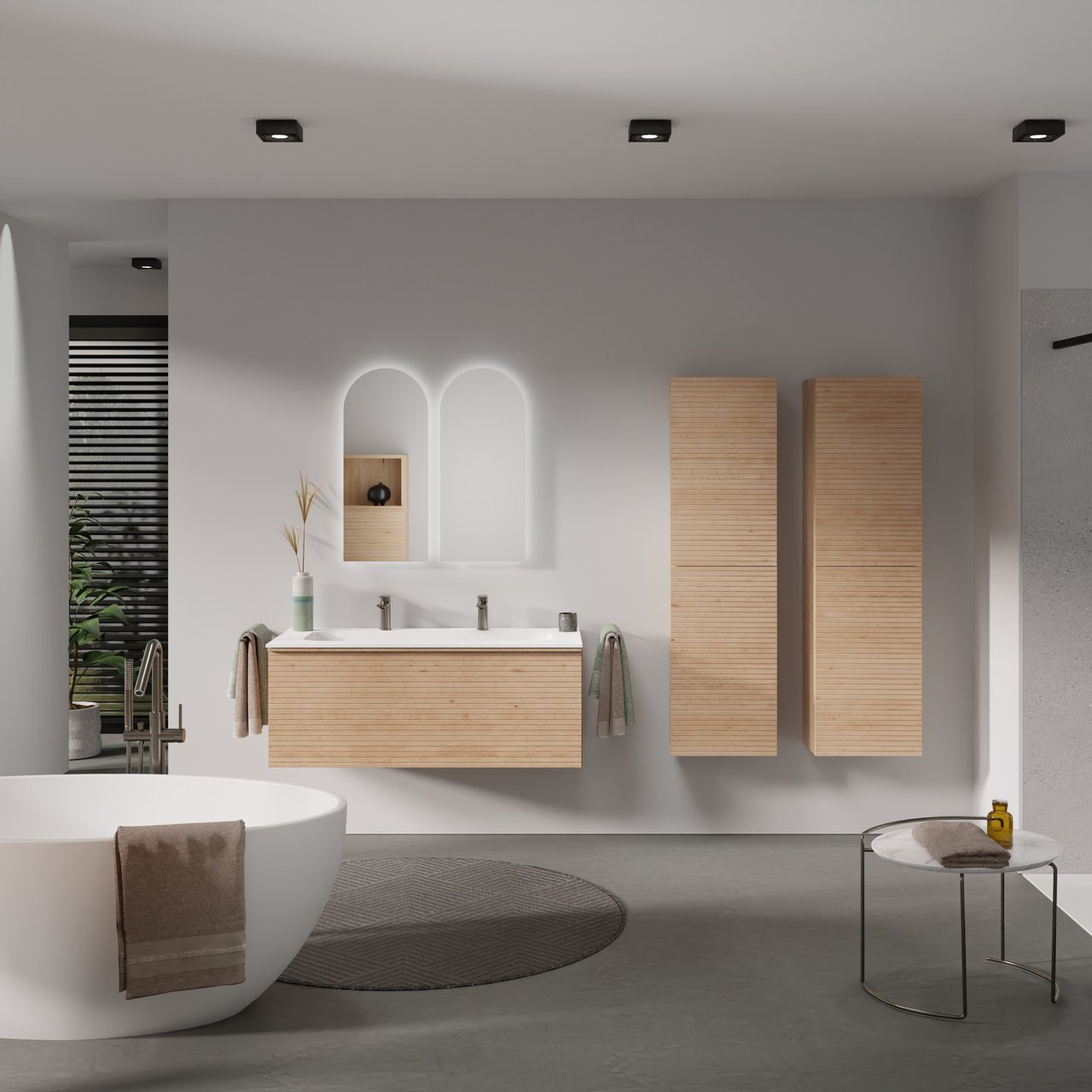 Balmani Forma zwevend badmeubel 120 x 55 cm naturel eiken met Tablo Arcato enkele wastafel voor 2 kraangaten in solid surface mat wit, Horizontale symmetrische rechte ribbel