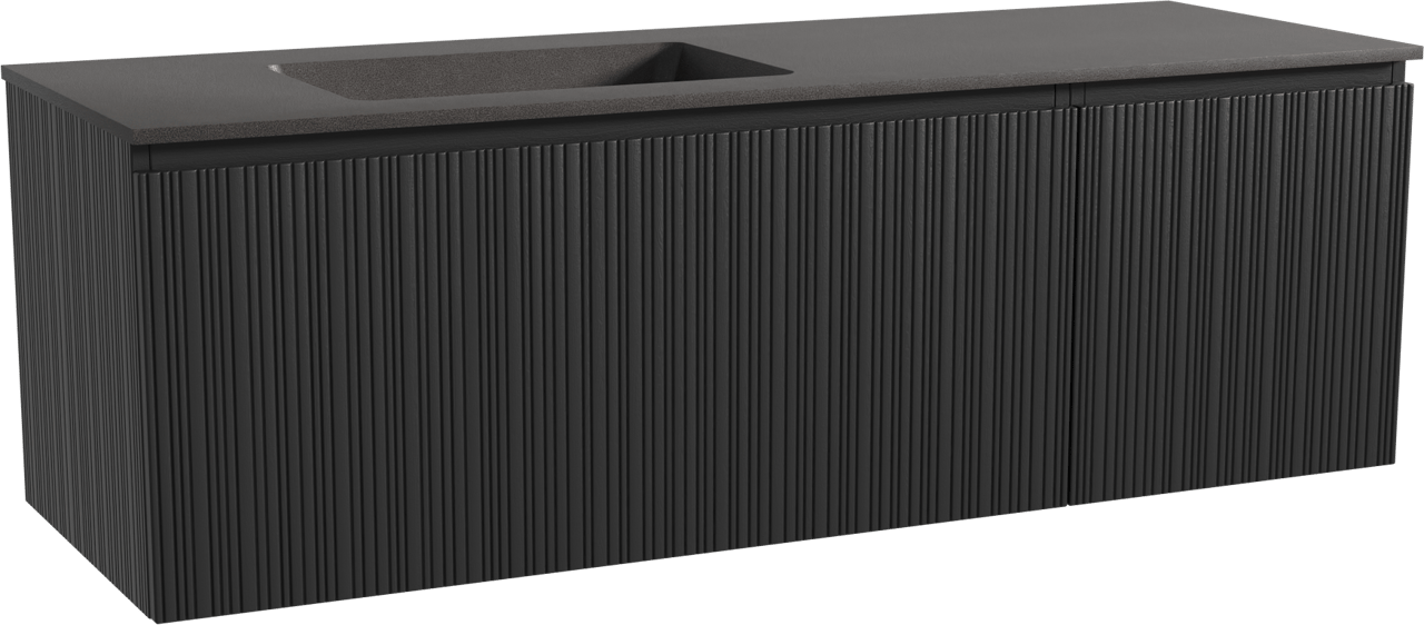 Storke Ribs zwevend badmeubel 150 x 52 cm zwart eiken met Scuro asymmetrisch linkse wastafel in kwarts mat zwart, Verticale asymmetrische rechte ribbel