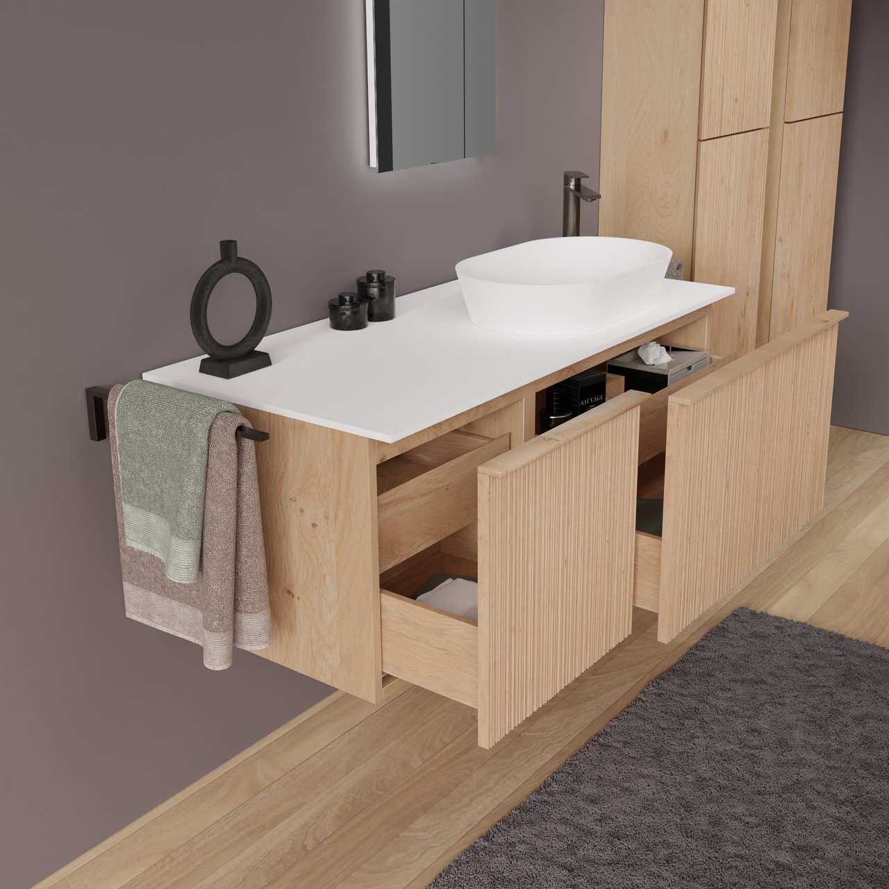 Balmani Forma zwevend badmeubel 120 x 55 cm naturel eiken met Stretto enkel of dubbel wastafelblad in solid surface mat wit, Verticale asymmetrische ronde ribbel