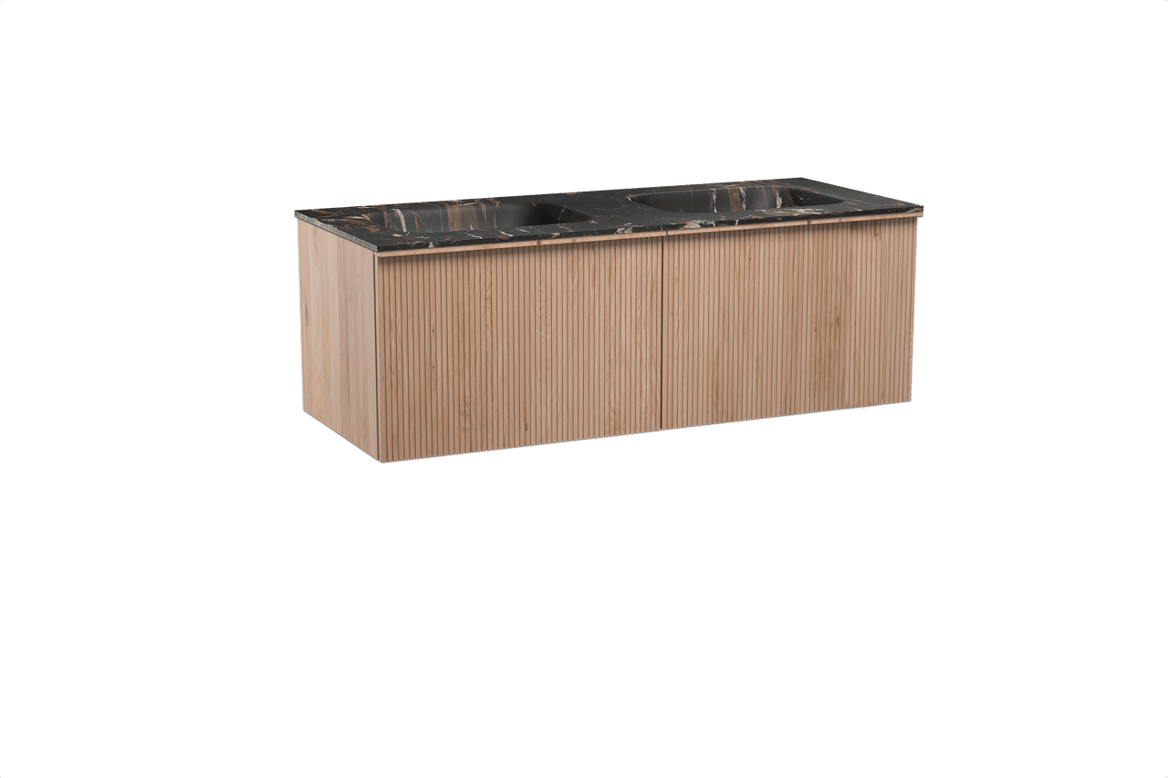 Balmani Forma zwevend badkamermeubel 135 x 55 cm natuur eik met Tablo Arcato dubbele wastafel in marmer portoro gold, Verticale symmetrische rechte ribbel