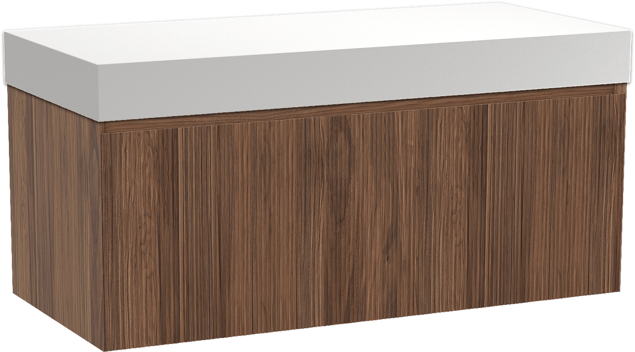 Balmani Fila by Mitra meuble salle de bains suspendu 120 x 55 cm noyer avec Dominus tablette simple ou double en solid surface blanc mat, Nervure droite symétrique verticale