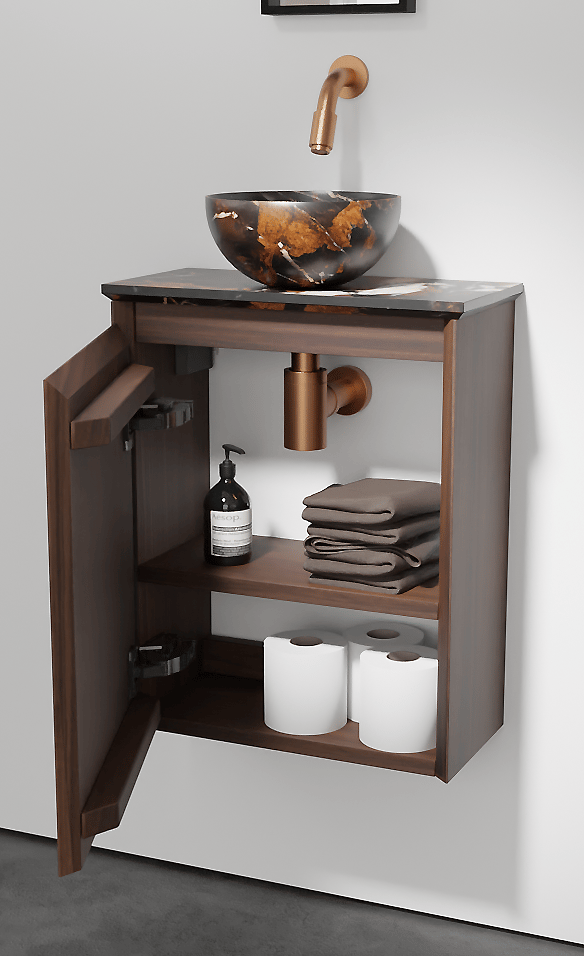 Balmani Mitra meuble wc suspendu 42 x 21 cm noyer américain avec Facetta tablette et Bari XS vaque à poser en marbre Portoro Gold