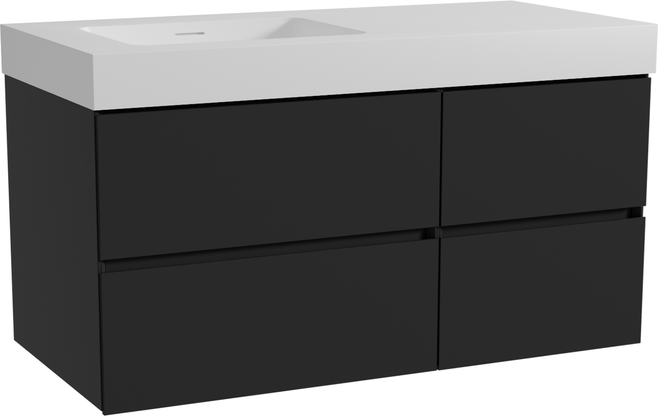Storke Edge zwevend badmeubel 110 x 52 cm mat zwart met Mata High asymmetrisch linkse wastafel in solid surface mat wit