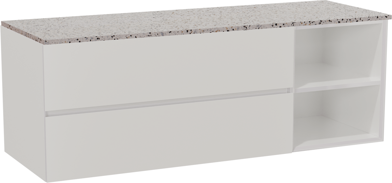 Storke Edge meuble salle de bains suspendu 150 x 52 cm blanc brillant avec Tavola tablette simple ou double en blanc/noir mat terrazzo