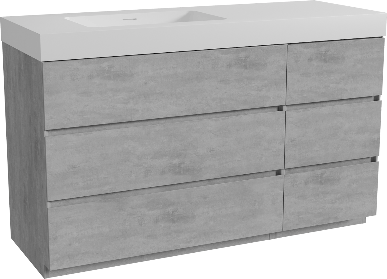 Storke Edge meuble salle de bains à poser 140 x 52 cm béton gris foncé avec Mata High plan vasque asymétrique à gauche en solid surface blanc mat