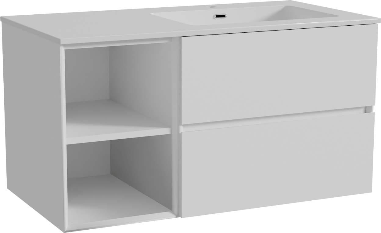 Storke Edge meuble salle de bains suspendu 100 x 52 cm blanc mat avec Diva vasque asymétrique droite en marbre composite blanc brillant