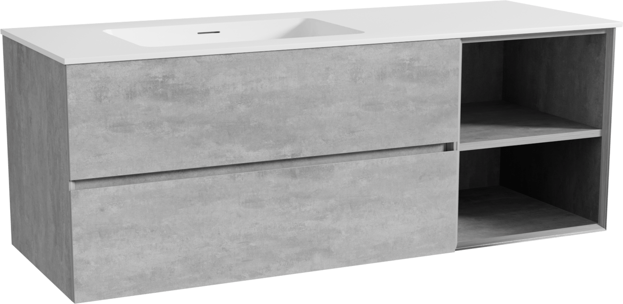 Storke Edge zwevend badkamermeubel 140 x 52 cm beton donkergrijs met Mata asymmetrisch linkse wastafel in solid surface mat wit