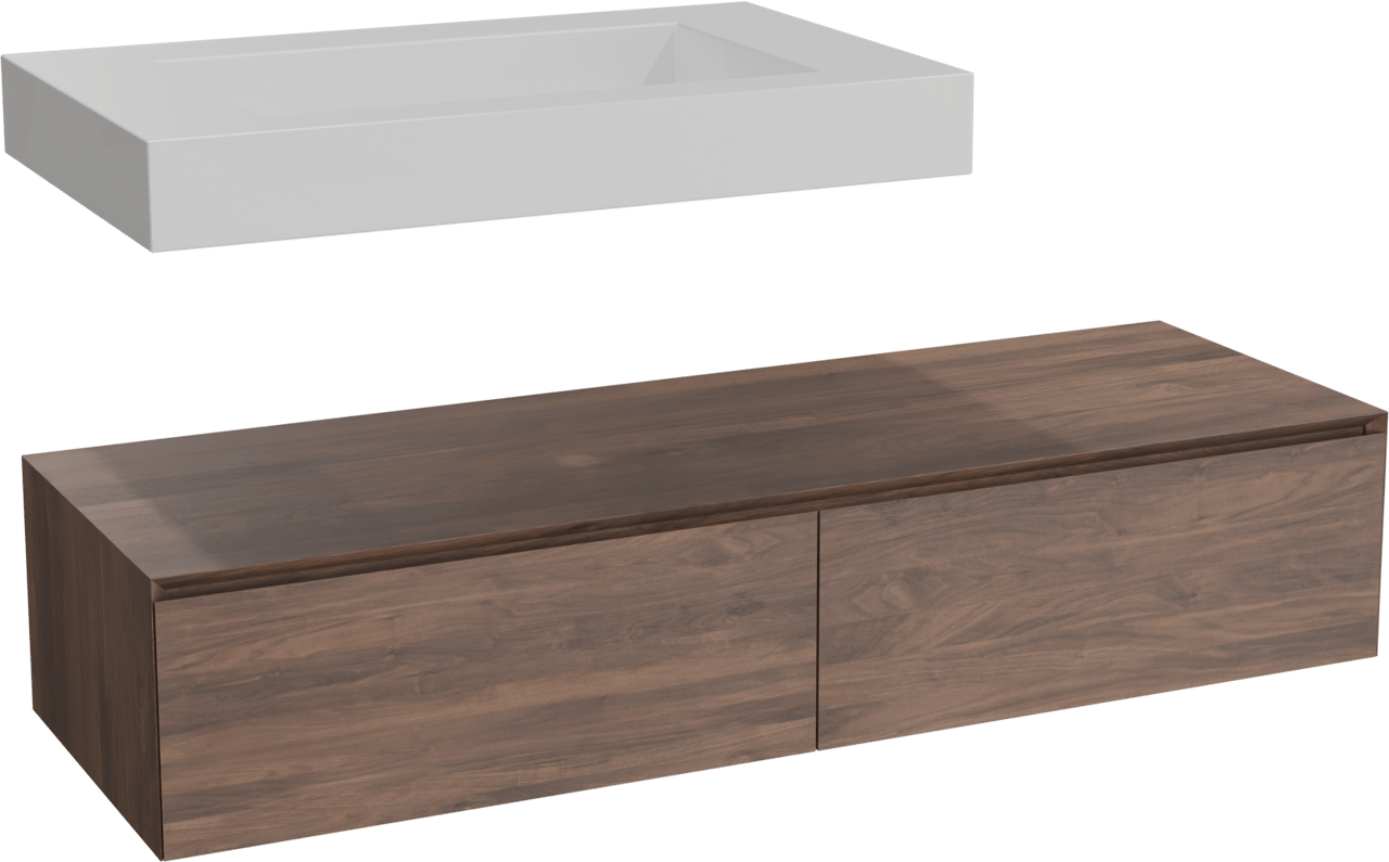 Balmani Mitra Elements hängendes Möbelstück Set: 150 x 55 cm, Amerikanischer Nussbaum mit Modus Einzelwaschtisch 90 cm, Solid Surface Weiß matt