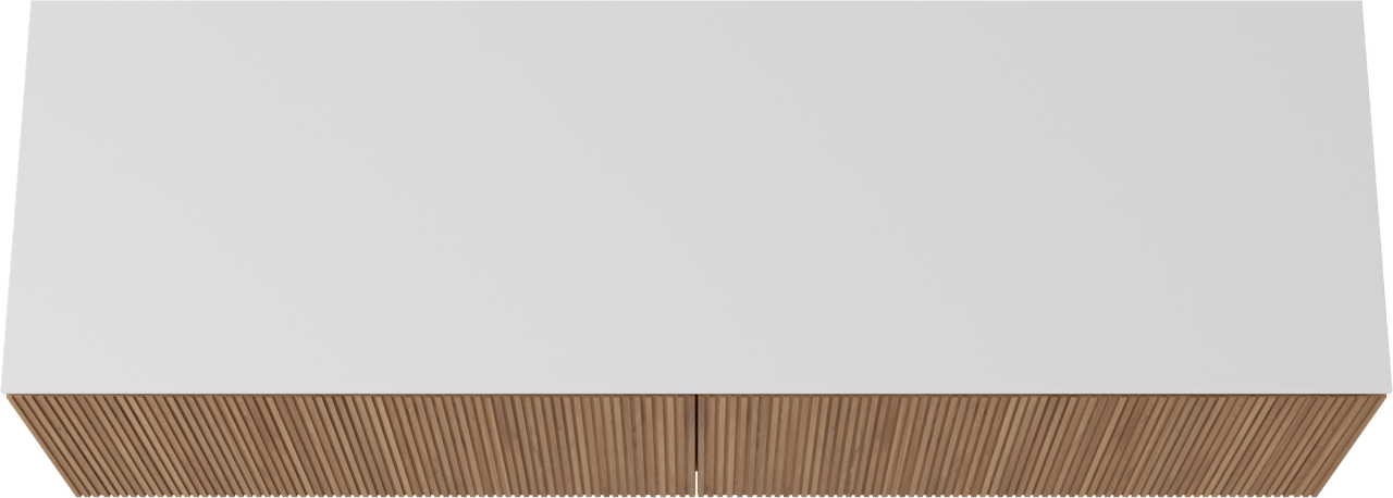Balmani Eclips meuble salle de bains suspendu 180 x 55 cm Teck avec Stretto tablette simple ou double en Solid Surface blanc mat, Nervure droite symétrique verticale