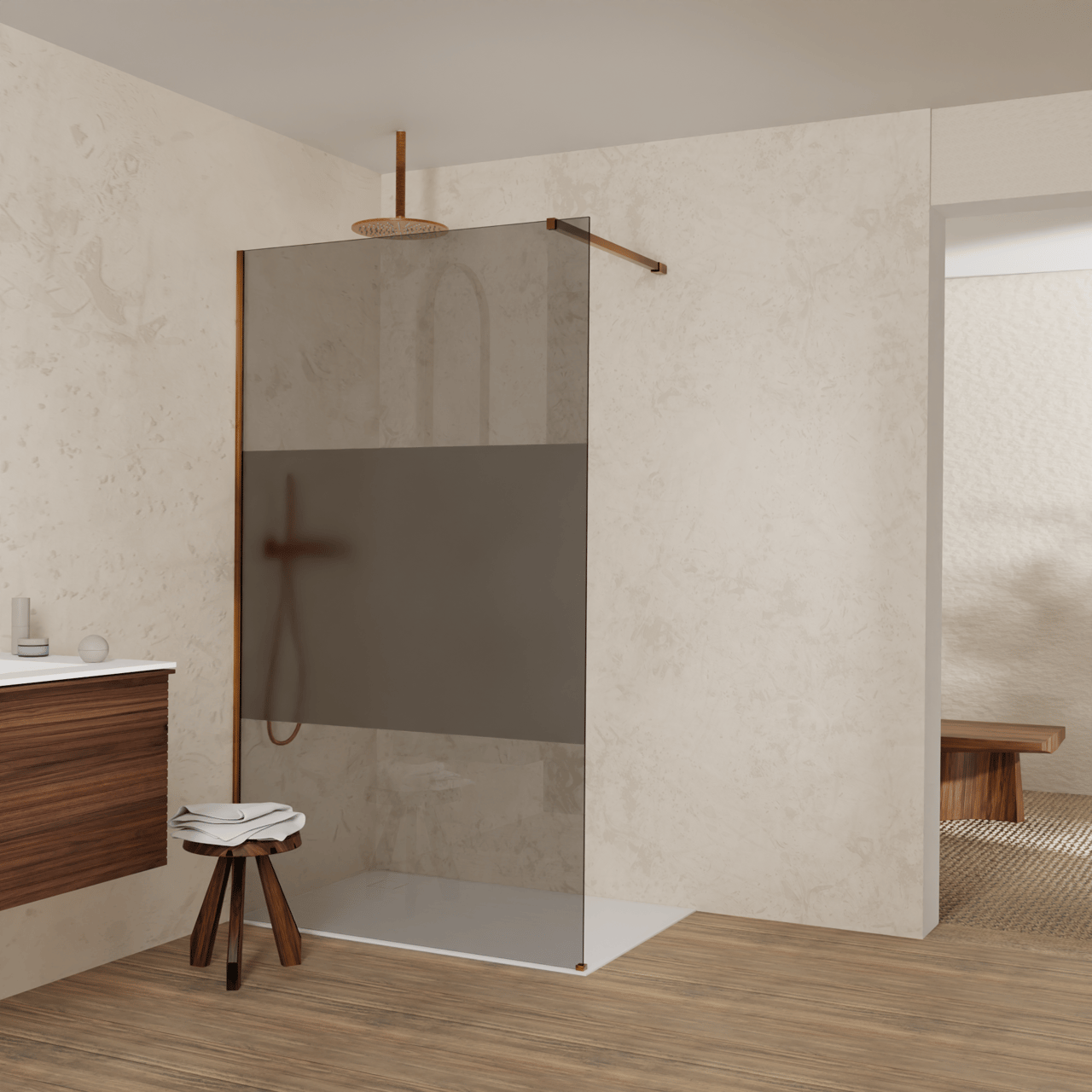 Balmani Modular inloopdouche: 120 x 200 cm, Rookglas met matte strook met coating, Brushed Rosegold profielen