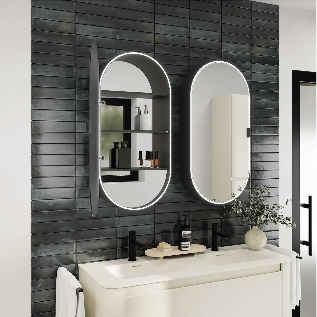 Luca Varess Oval armoire de toilette ovale lumineuse 45 x 90 cm noir mat