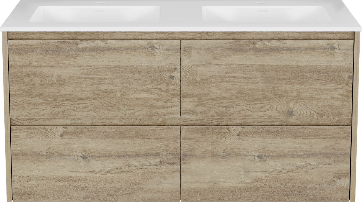 Storke Seda meuble salle de bains suspendu 120 x 52 cm chêne brut avec Bilia double vasque en marbre composite blanc brillant