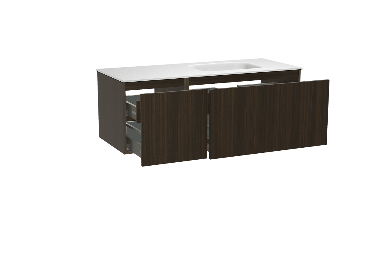 Balmani Sfera by Lucida meuble salle de bains suspendu 135 x 55 cm eucalyptus avec Tablo Arcato plan vasque asymétrique à droite en solid surface blanc mat