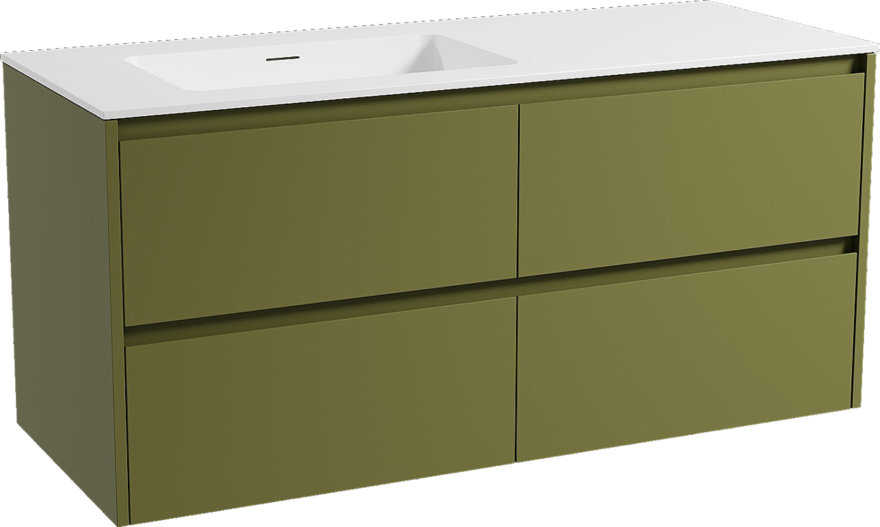 Storke Seda hängendes Möbelstück Set: 130 x 52 cm, Olivgrün, mit Mata Waschtisch links, Solid Surface Weiß matt