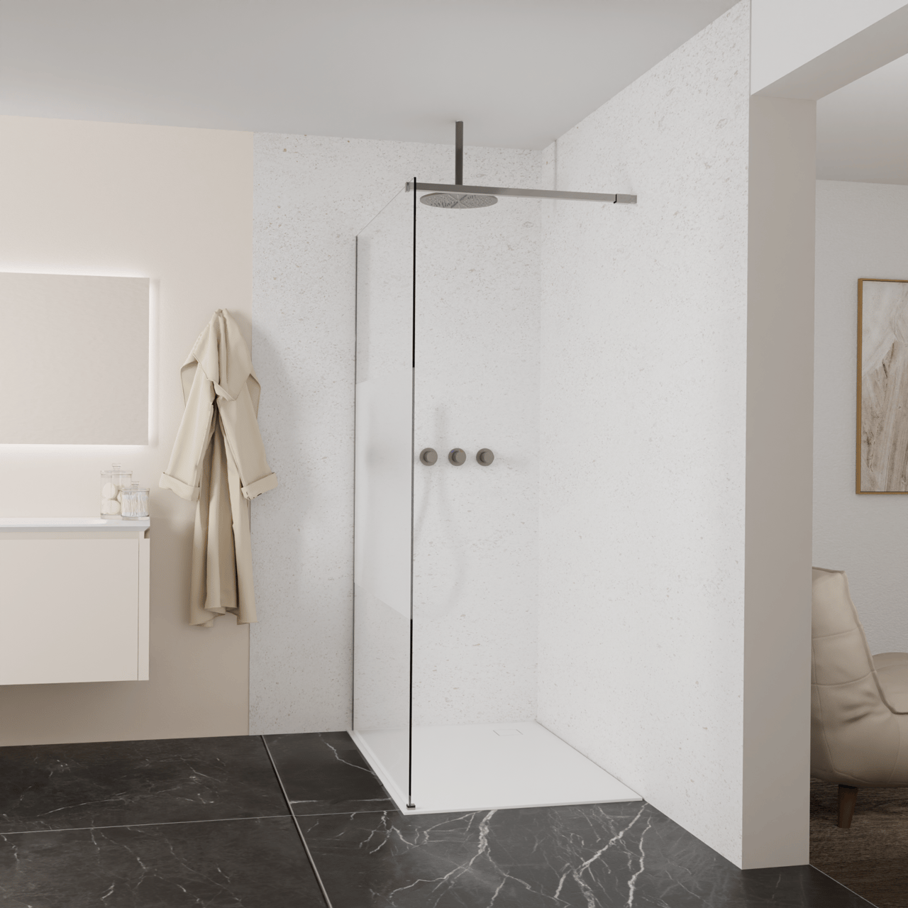Balmani Modular douche à l'italienne: 120 x 200 cm, Verre transparent avec bande mate, Profil Brushed GunMetal