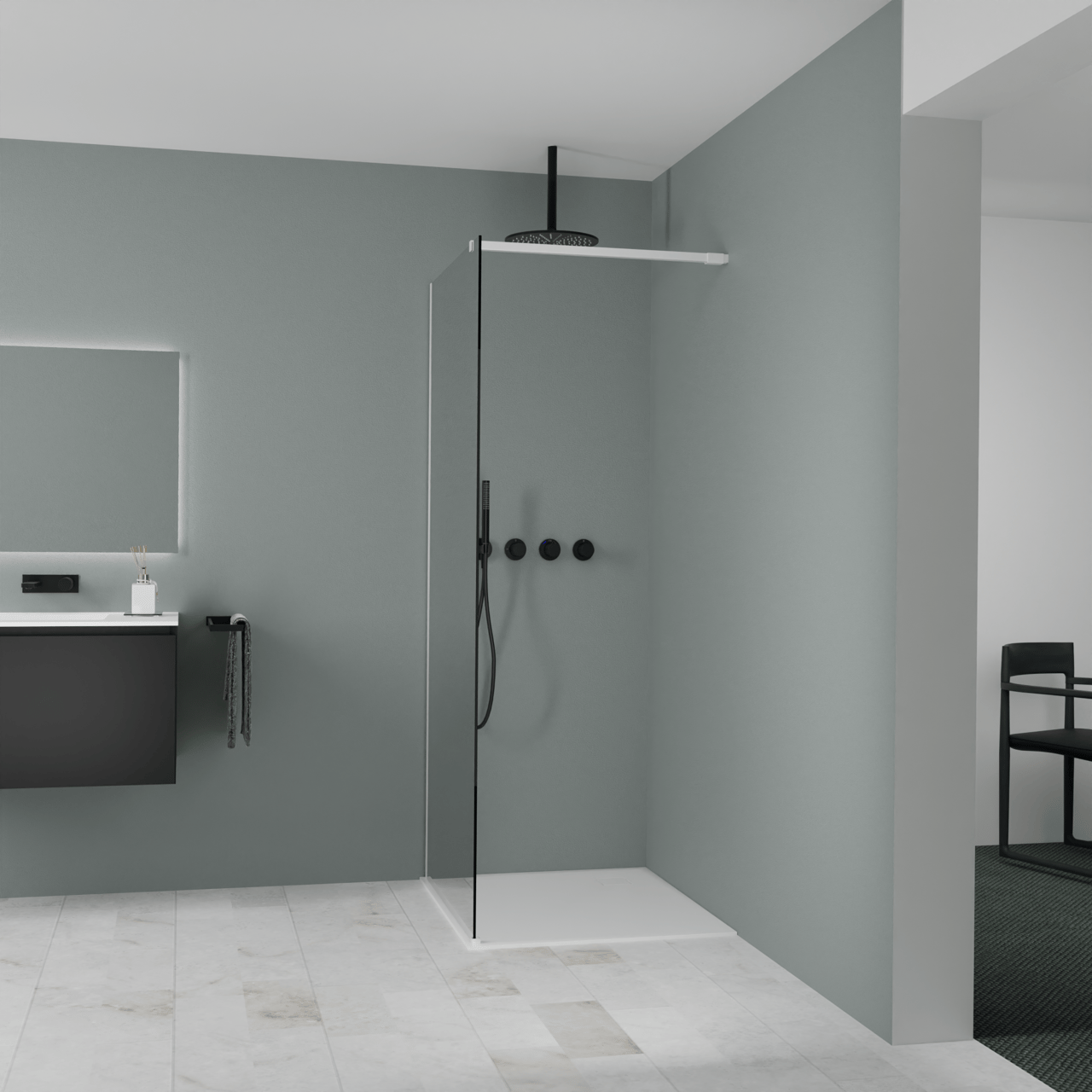 Balmani Modular Walk-In Dusche: 90 x 200 cm, Rauchglas, inklusive Coating, Profil Weiß matt