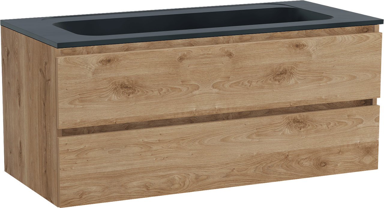 Balmani Lucida zwevend badmeubel 120 x 55 cm ruw eiken met Tablo Strada enkele wastafel voor 2 kraangaten in composietmarmer mat zwart