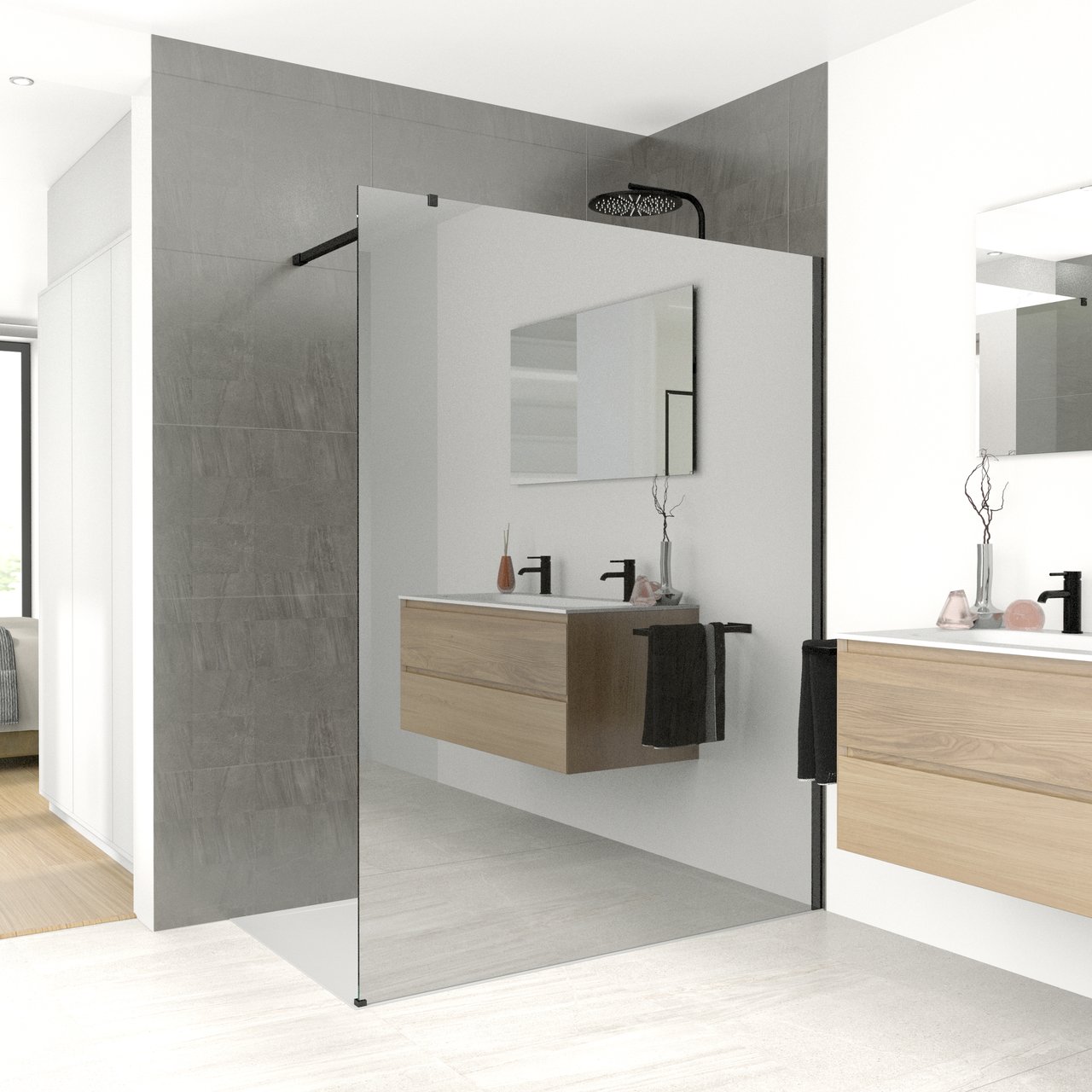 Balmani Modular douche à l'italienne 140 x 200 cm verre miroir reflex profil noir mat
