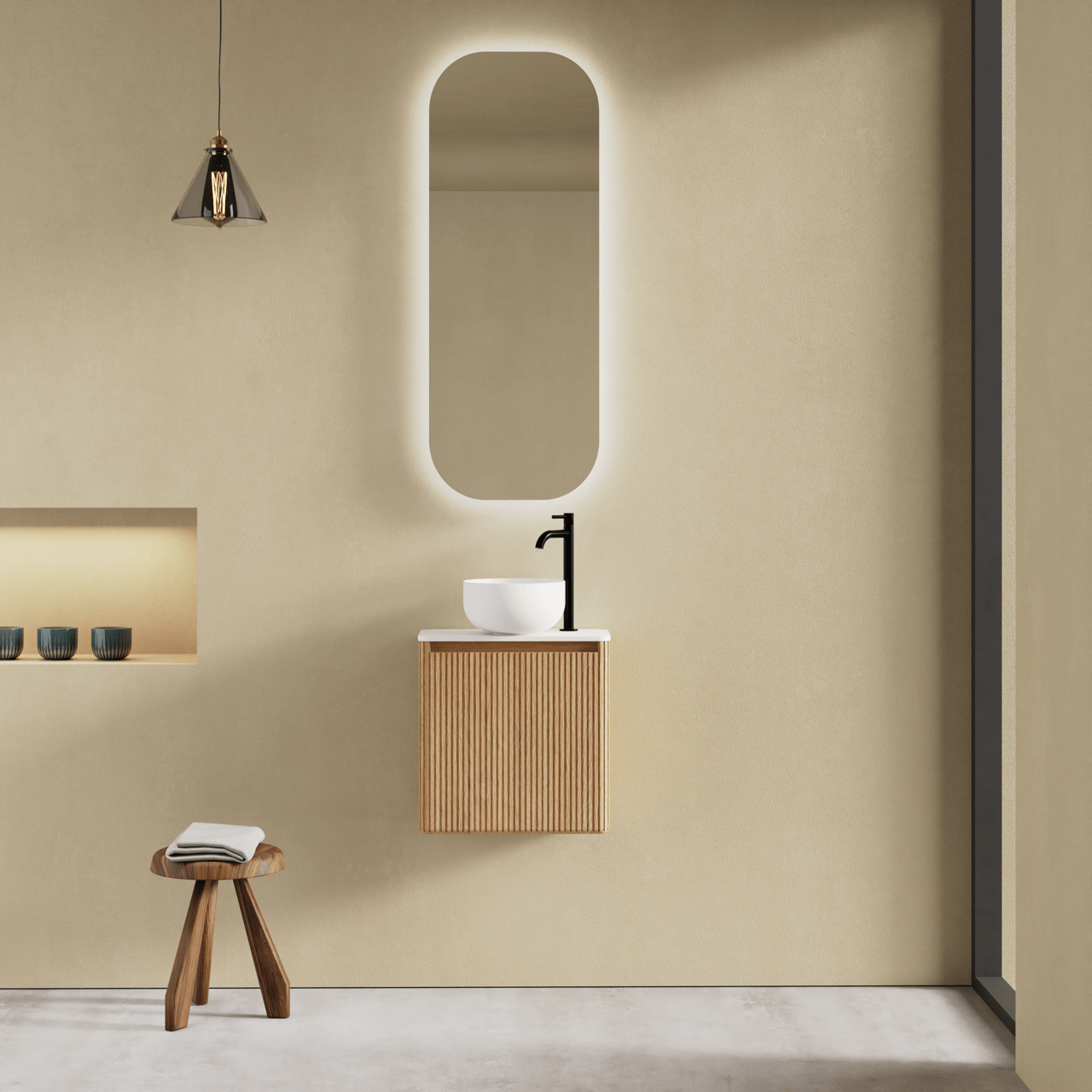 Balmani Fara Ribs meuble wc suspendu 45 x 22 cm chêne naturel avec Fara Stretto tablette et Bowl vasque à poser en Solid Surface mat