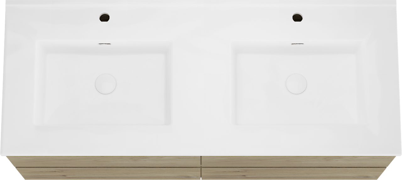 Storke Edge meuble salle de bains suspendu 130 x 52 cm chêne brut avec Kera double vasque en porcelaine blanc brillant, bondes incluses