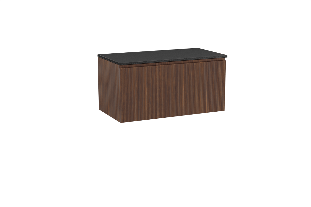 Storke Ribs zwevend badmeubel 100 x 52 cm notenhout met Panton enkel wastafelblad in gepoedercoate mdf mat zwart, Verticale symmetrische rechte ribbel