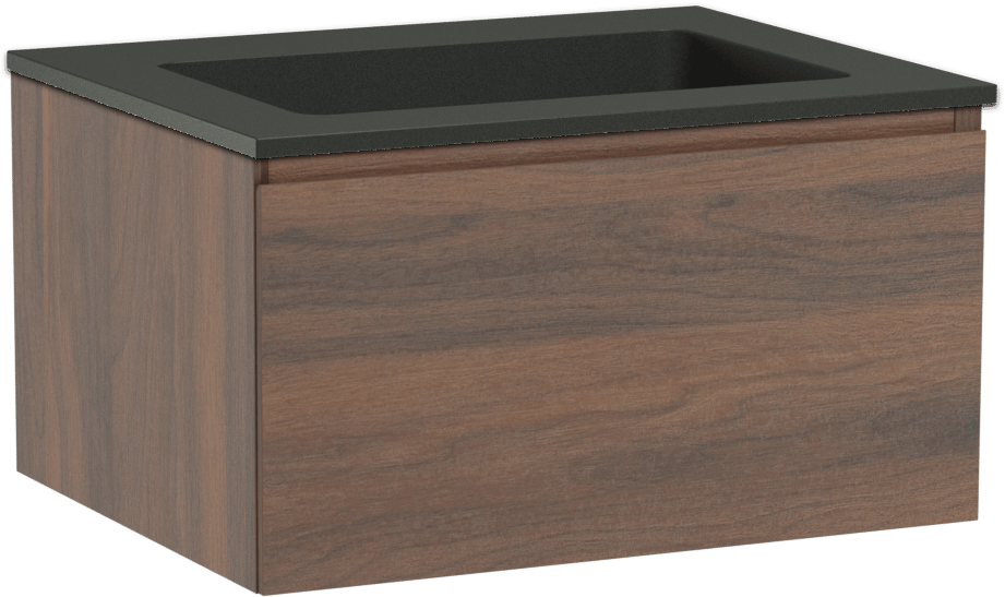 Storke Edge zwevend badkamermeubel 65 x 52 cm notelaar met Scuro enkele wastafel in kwarts mat zwart